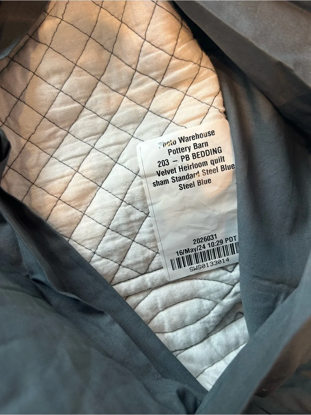 Pottery Barn Velvet Heirloom Quilted Sham Standard Steel Blue NWOT